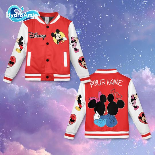 Discover Custom Cartoon Mouse Couple Varsity Jacket, Love Cartoon Inspired Baseball Jacket, Personalized Name Jacket for Couples, Kids & Adults