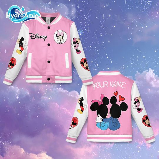 Discover Custom Cartoon Mouse Couple Varsity Jacket, Pink Love Cartoon Baseball Jacket, Personalized Name Jacket for Couples, Kids & Adults