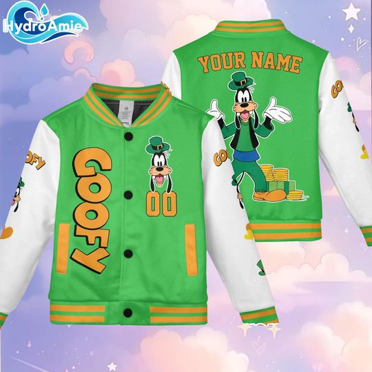 Discover Personalize Goofy Dog St Patricks Day Varsity Jacket, Custom Mickey and Friends Baseball Jacket, Lucky Gift