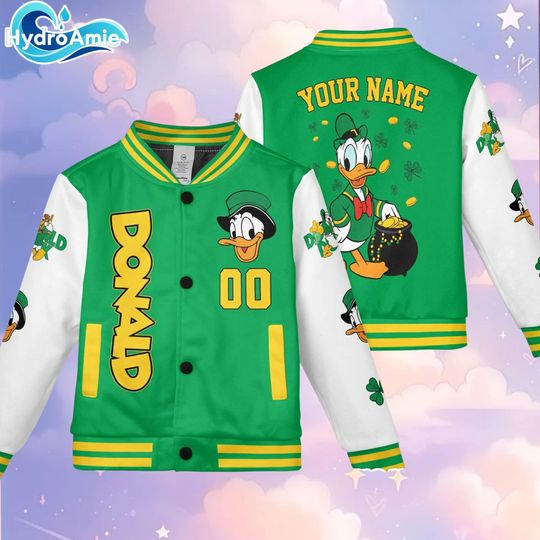 Discover Personalize Donald Duck St Patricks Day Varsity Jacket, Custom Mickey and Friends Baseball Jacket, Lucky Gift