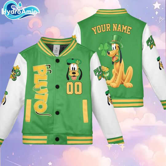 Discover Personalize Pluto Dog St Patricks Day Varsity Jacket, Custom Mickey and Friends Baseball Jacket, Lucky Gift
