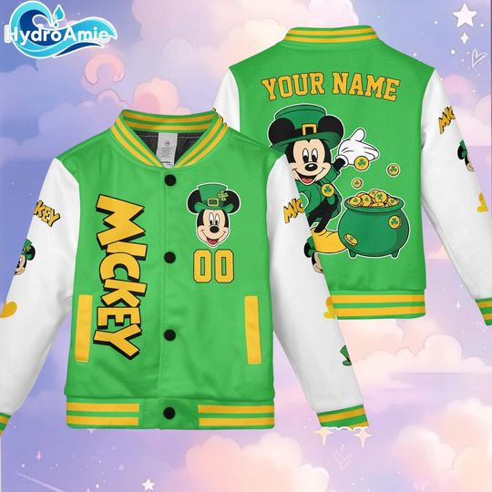 Discover Personalize Mickey Mouse St Patricks Day Varsity Jacket, Custom Mickey and Friends Baseball Jacket, Lucky Gift