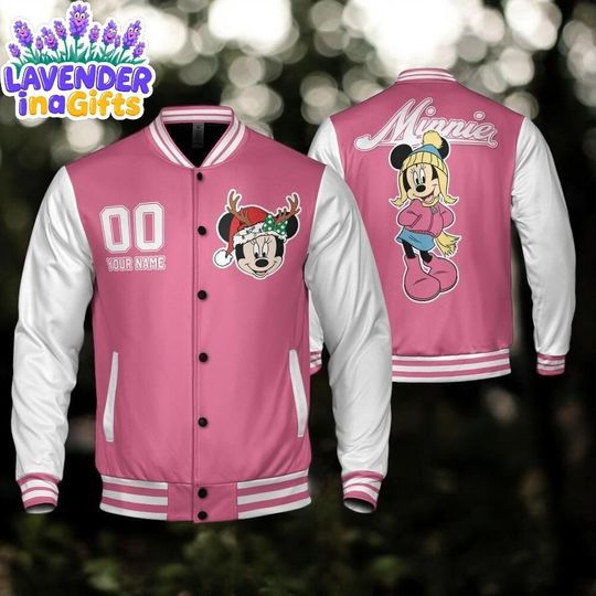 Discover Custom Winter Minnie Basic Happy Jacket, Personalized Disney Varsity - Windproof Knit Fabric, Snap Button, Unisex Gift