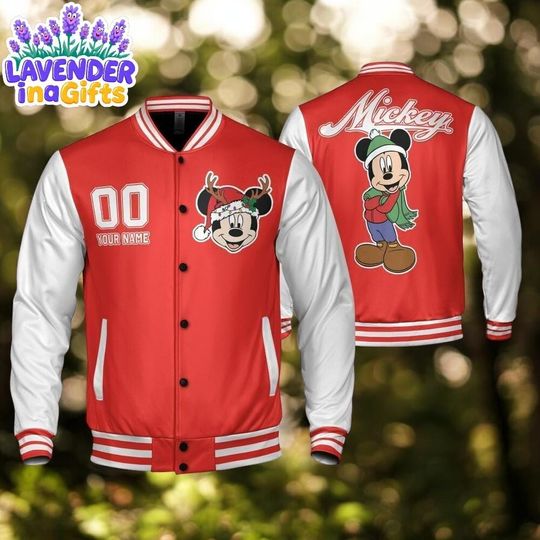 Discover Custom Winter Mickey Basic Happy Jacket, Personalized Disney Varsity - Windproof Knit Fabric, Snap Button, Unisex Gift