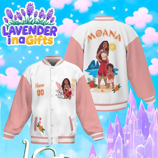 Custom Moana Baseball Jacket  Personalized Name and Number Disney Varsity Jacket for Adult Kid Youth, Moana College Style Outfit