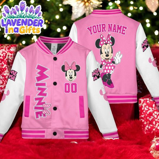 Custom Minnie Mouse Varsity Jacket, Personalized Disney Minnie Mouse Baseball Jacket, Minnie Mouse Kids Youth Adult Varsity Jacket