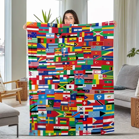 Discover World Flags Fleece Blanket, Flags of the World Blanket, Travel Blanket Wanderlus