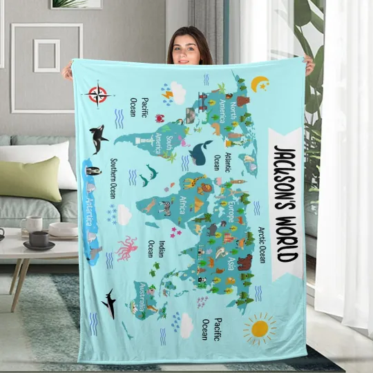 Discover Personalized World Map Nursery Baby Animals blanket Baby animals Nursery bedding