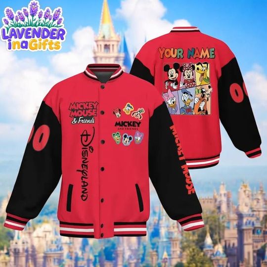 Discover Custom Varsity Jacket Mickey And Friend Red Color, Personalized Disney Kid Adult Toddler Jersey, Baseball Fans Gift, Mickey and Friends Gift