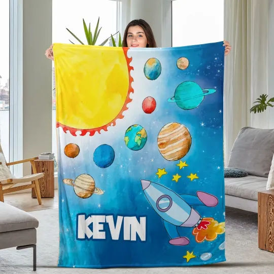 Personalized Solar System Name Blanket Custom Fleece Blanket with Galaxy and Ro