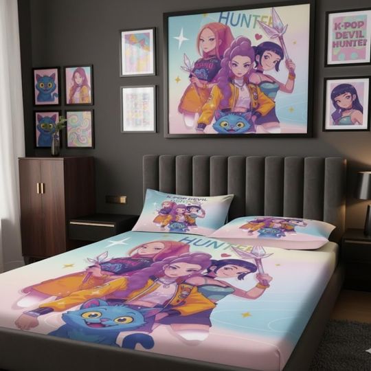 Discover K Pop Demon Hunters Anime Bed Sheet Set, Soft Bedding for Kids Teens