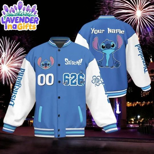 Discover Custom Varsity Jacket Stitch Alien 626 Blue Color, Kid Youth Adult Disney Jersey, Disney varsity jacket Jersey, Stitch Birthday Fan