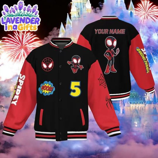 Custom Varsity Jacket Spidey And His Amazing Friends Black Color, Personalized Miles Morales Varsity Jacket, Disney Jacket Team Outfit