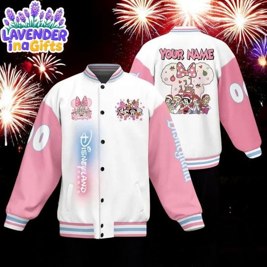 Discover Custom Varsity Jacket Mickey And Friend White And Pink Color, Personalized Name Disney Kid Adult Disney Jacket, Mickey and Friends Gifts