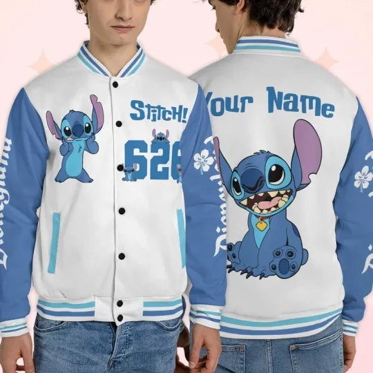 Discover Personalized Cute Stitch Alien 626 Lilo And Stitch Blue White Baseball Jacket