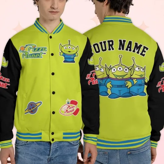 Discover Custom Name Little Green Aliens Toy Story Character Pizza Planet Baseball Jacket