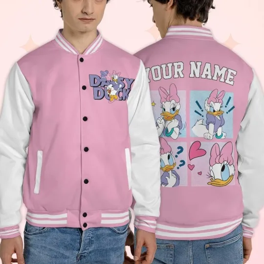 Custom Name Lovey Daisy Duck Happy Valentine's Day Pink & White Baseball Jacket