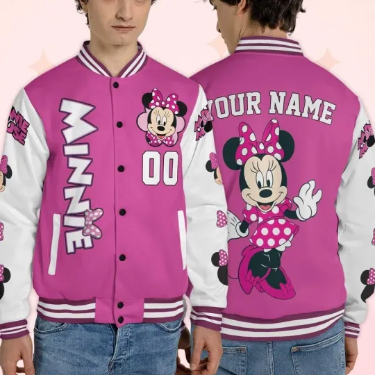 Personalized Lovely Minnie Mouse Valentine's Day Gift Pink White Baseball Jacket