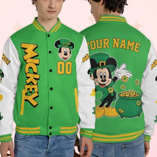 Personalized Mickey Mouse Lucky Shamrock Gold Coins Patricks Day Baseball Jacket