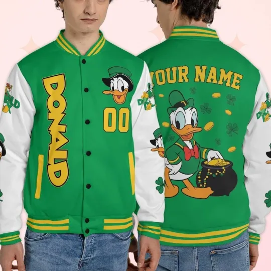 Discover Personalized Donald Duck Lucky Shamrocks Gold Coins Patricks Day Baseball Jacket