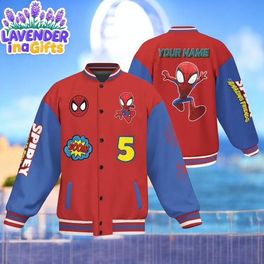 Custom Varsity Jacket Spidey And His Amazing Friends Red Color, Custom Spider Verse Varsity Jacket Team, Disney Baseball Jacket Team Outfit