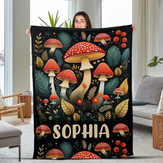 Personalized Mushroom Blanket, Vintage Fungi Blanket, Custom Name Plush Fleece