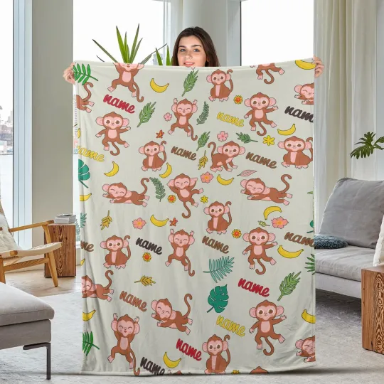 Personalized Monkey Blanket,Cute Monkey & Banana Blanket Custom Name Plush Fleec
