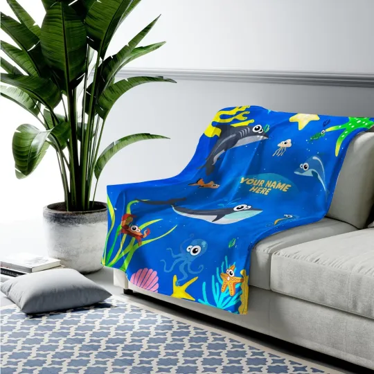 Personalized Marine Life Blanket, Gift For Little Boys or Girls, Warm Bedding