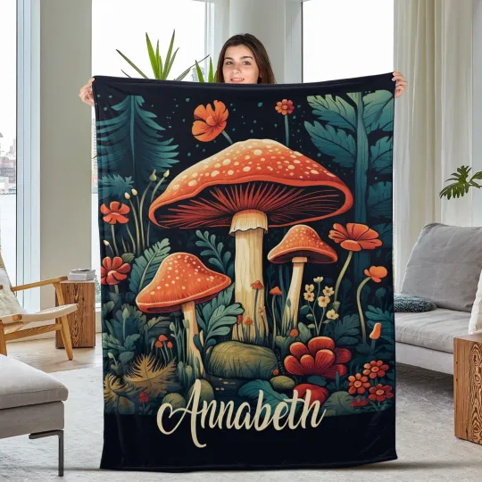 Personalized Mushroom Blanket, Vintage Fungi Blanket, Custom Name Plush Fleece