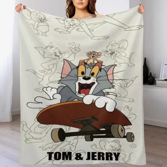 Skateboarding Cartoon Tom And Jerry Movie Fleece Blanket Gifts Fans