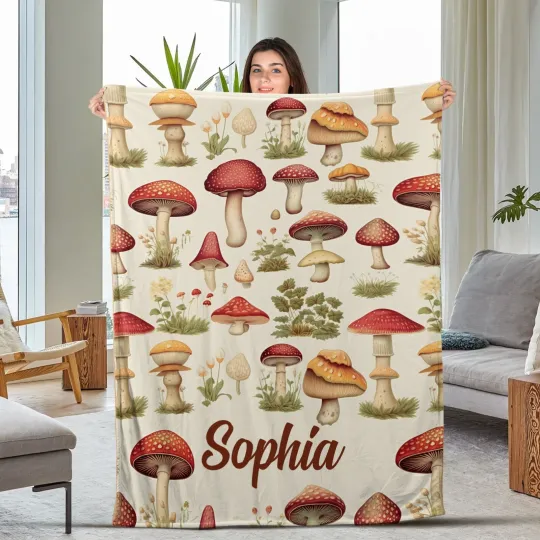 Discover Personalized Mushroom Blanket Vintage Fungi Blanket Custom Name Soft Cozy Sherpa