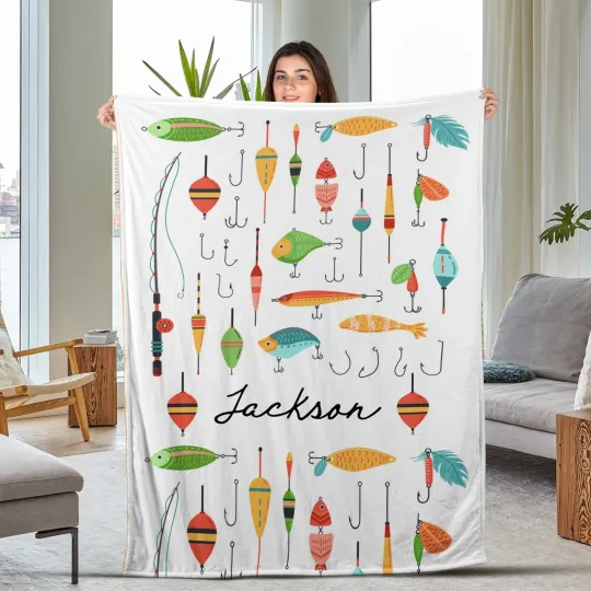 Discover Personalized Fishing Blanket, Custom Name Plush Fleece Blankets,Gift For Gran