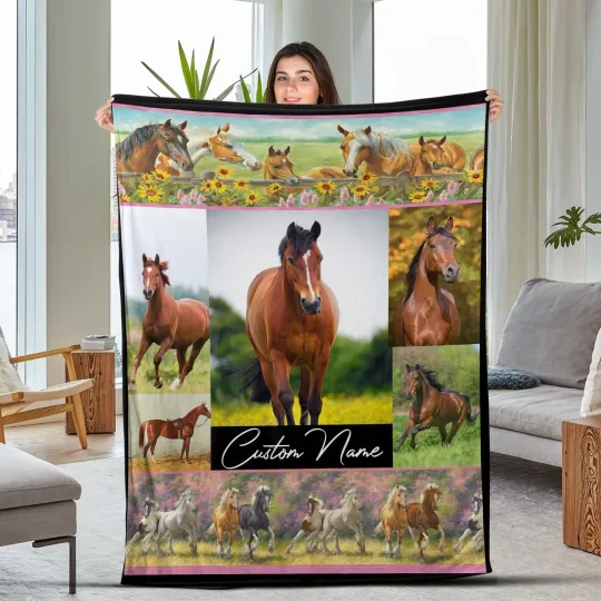 Discover Personalized Horse Blanket, Horses Patchwork Pattern Blanket, Custom Name
