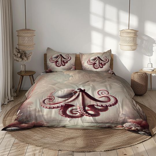 Octopus Bedding Set - Beige, Red, Coral Marine Duvet Cover