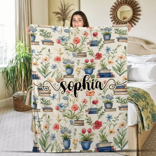 Discover Personalized Book Blanket,Book&Flower Blanket,Custom Name Plush Fleece Blanket