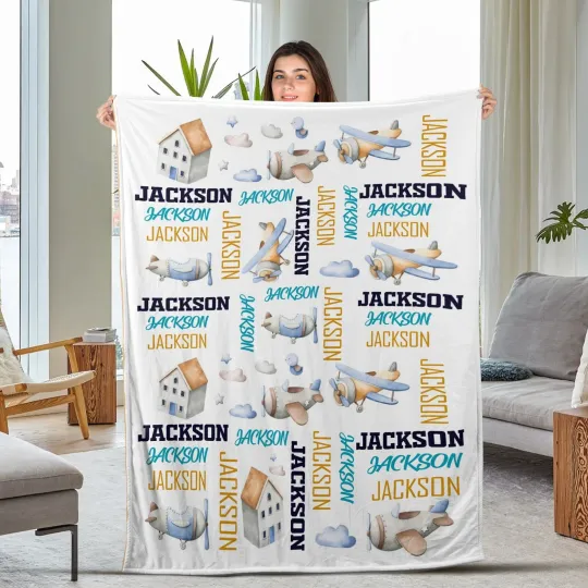 Discover Personalized Airplane Blanket - Personalized Airplane Name Plush Fleece Blanket