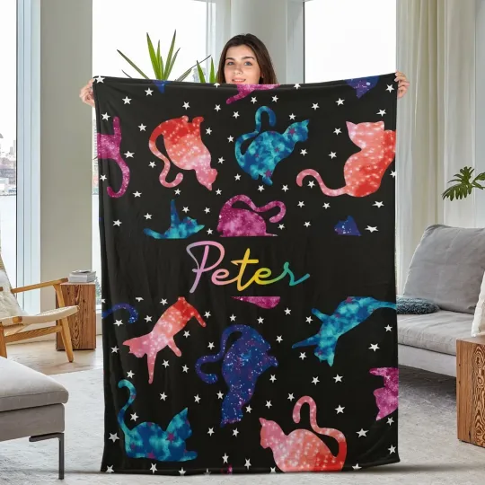 Discover Personalized Cat Colorful Blanket, Cats Watercolor Blanket, Custom Name Animal S