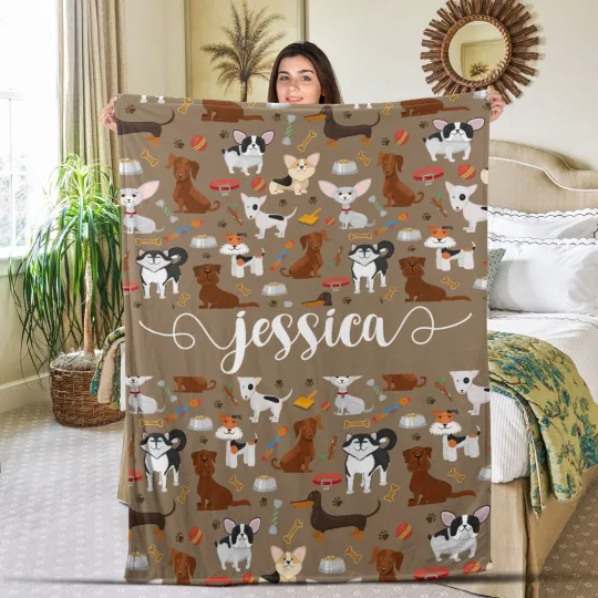 Discover Personalized Dog Blanket, Cute Dogs Blanket, Custom Name Soft Cozy Sherpa Fleece