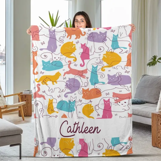 Discover Personalized Christmas Cat Blanket,Cute Cats Blanket,Custom Name Fleece Plush