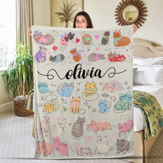 Discover Personalized Cat Blanket, Cute Cats Blanket, Custom Name Soft Cozy Sherpa Fleece