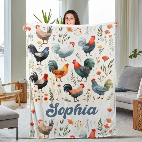 Discover Personalized Chicken Blanket,Chicken & Flower Blanket,Custom Name Soft Cozy Sher