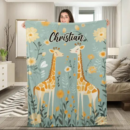 Floral Giraffe Blanket, Pink Floral Roses, Floral Giraffe Name Blanket