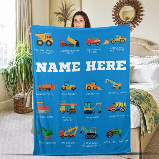 Discover Kids Work Vehicles - Personalized Custom Fleece and Sherpa Blankets with Your Ch