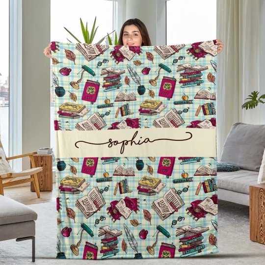 Discover Personalized Book Blanket, Vintage Books Blanket Custom Name Plush Fleece Blankt