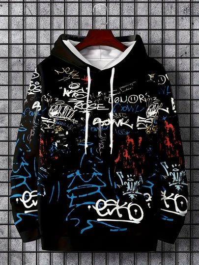 Discover Fashion Graffiti Style Hoodies 3D Letter Print Pullover Trend Street Hip Hop Men Clothing Autumn Winter Daily Casual Sweatshirts