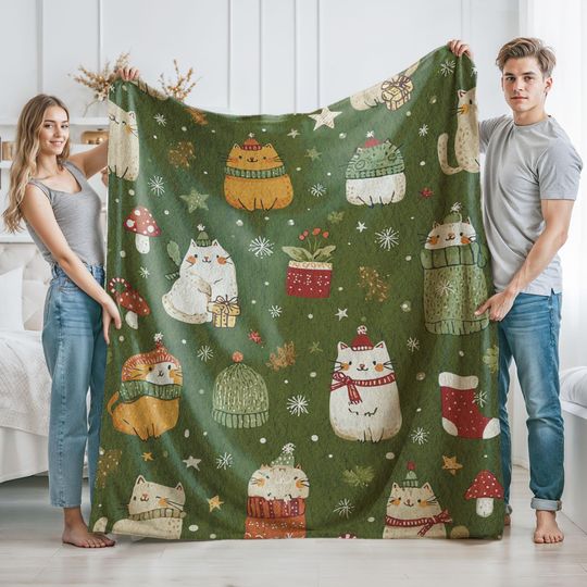 Discover Christmas Cat Lover Blanket, Pet Owner Gift Throw, Festive Winter Kittens Throw Blanket, Minky blanket, Velveteen plush, Sherpa fleece