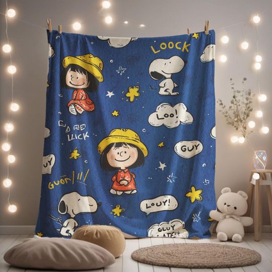 Discover Minky Blanket, Sherpa Fleece, Velveteen Plush, Peanuts Characters, Snoopy & Sally, Cartoon Friends, Whimsical Blue Stars, Birthday Present
