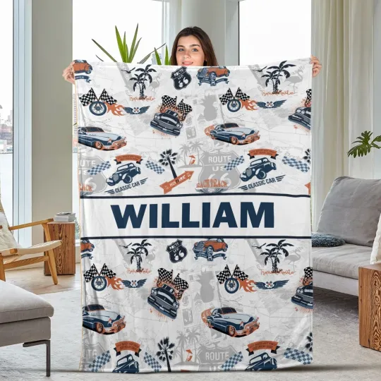 Discover Customized Vintage Route Car Name Little Boy Plush Fleece Blanket, Baby Blanket