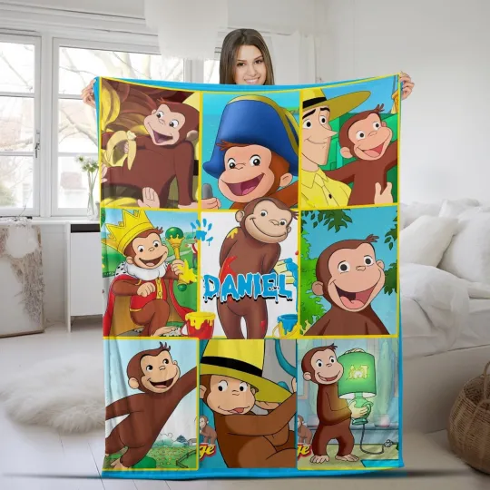 Customized Curious George Blanket Personalized Flannel Couch Nap Blanket Bedding