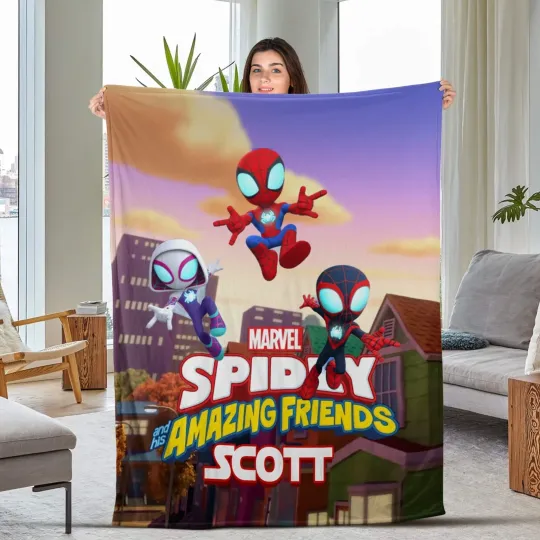 Discover Customized Spider-Man Into The Spider Fleece Blanket, Spidey And His Friends Bla
